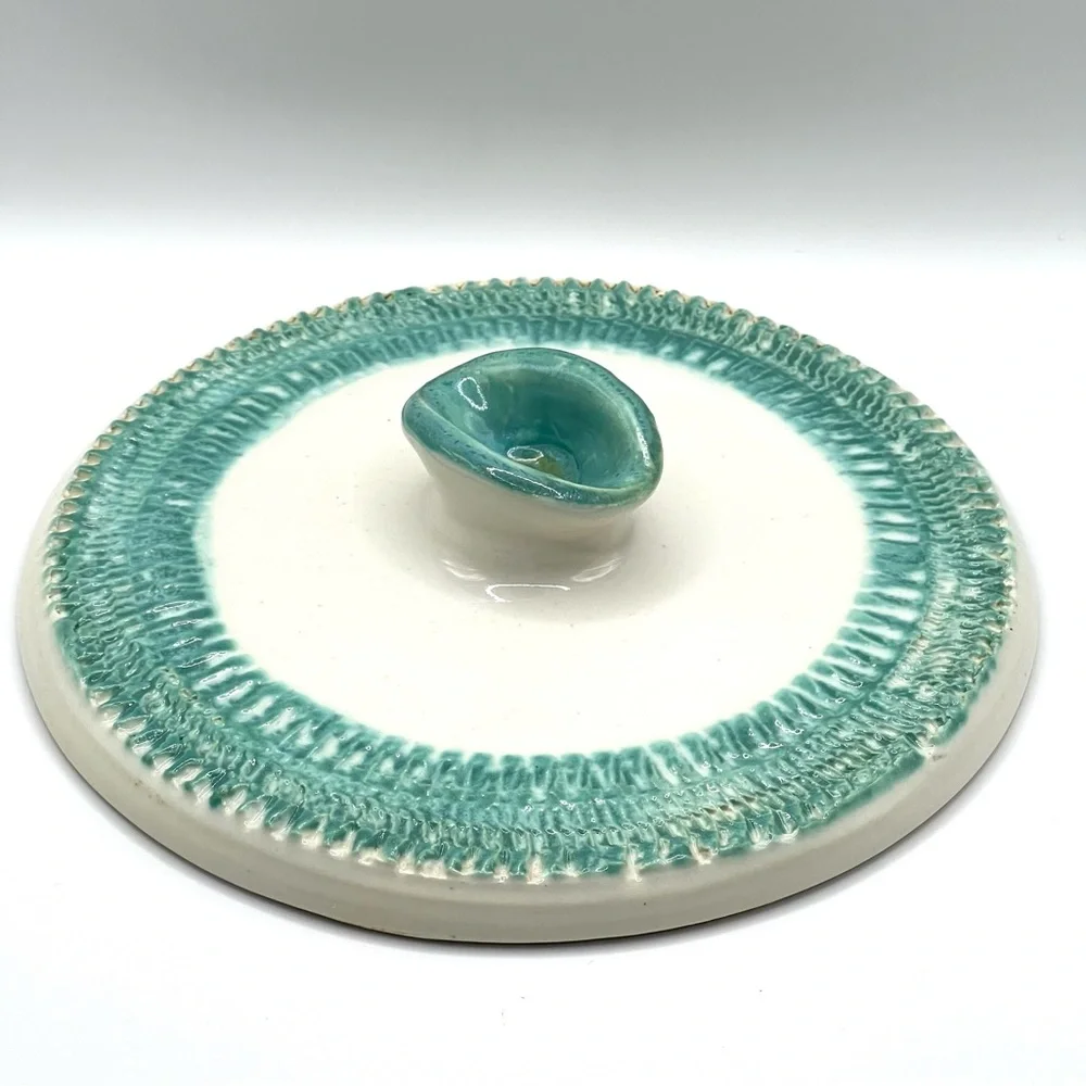 Vintage 1961 Handmade Ceramic Pottery Bowl w/Lid Turquoise/White MCM Signed - Picture 10 of 16